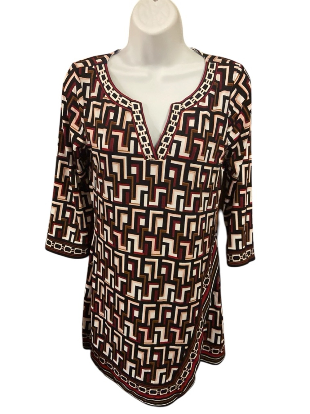 White House Black Market Geometric Pattern Dress XS Black white burgundy